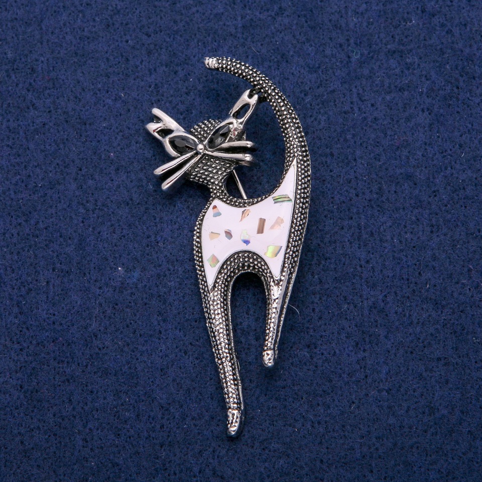 Kitty Brooch with Enamel, Halite, and Crystals, 30×73 mm, Silver-Colored Metal