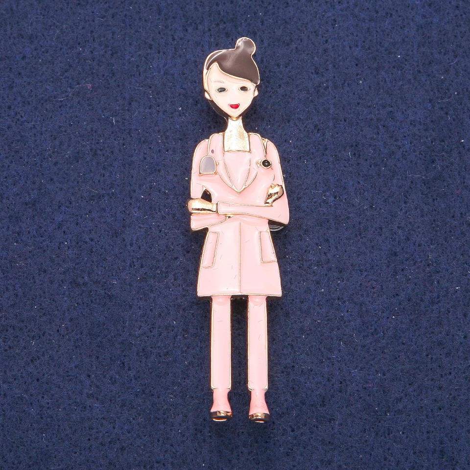 Brooch 'Nurse' Pink Enamel, Gold-tone Metal 17×66mm
