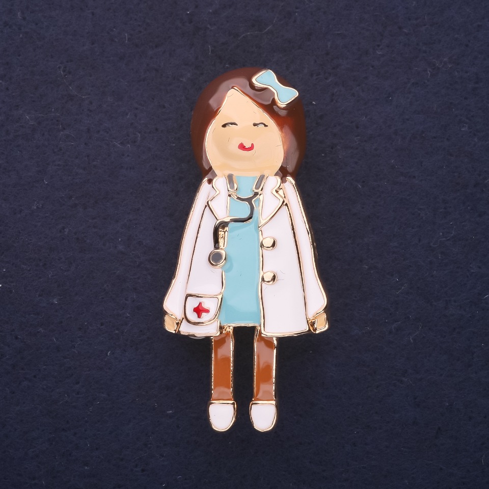 Brooch Doctor enamel, white-blue color, 49x22 mm, gold-toned metal