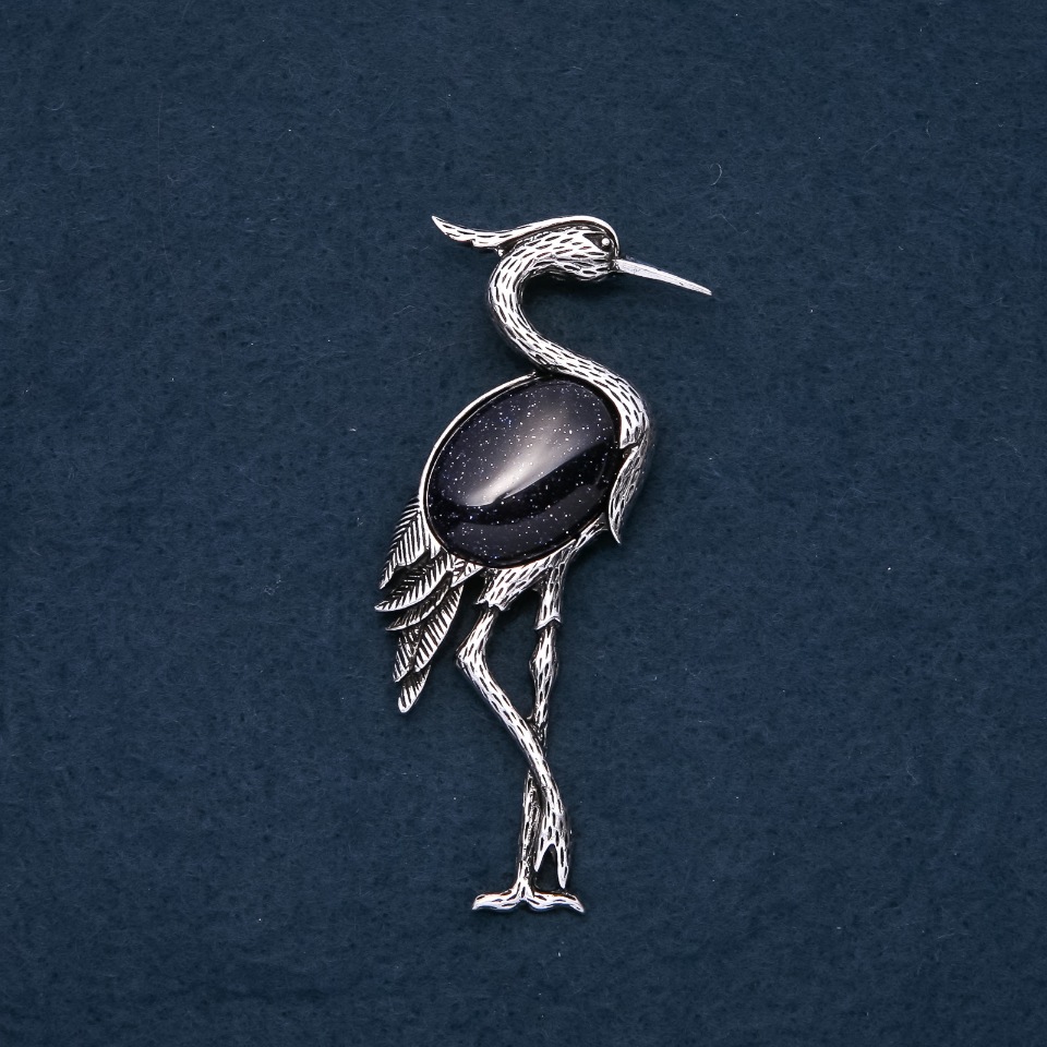 Heron Brooch-Pendant with Natural Aventurine Blue Sand Night of Cairo 80x30mm