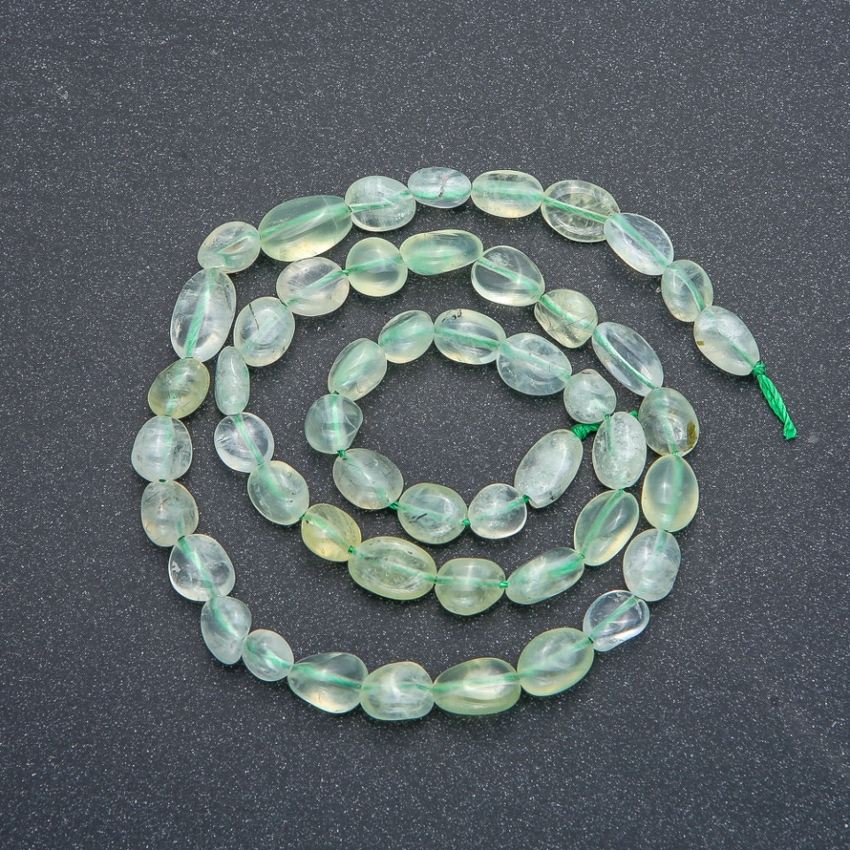 Prehnite natural stone beads on thread, haltivka shape, 8x6 mm diameter, 40 cm length +