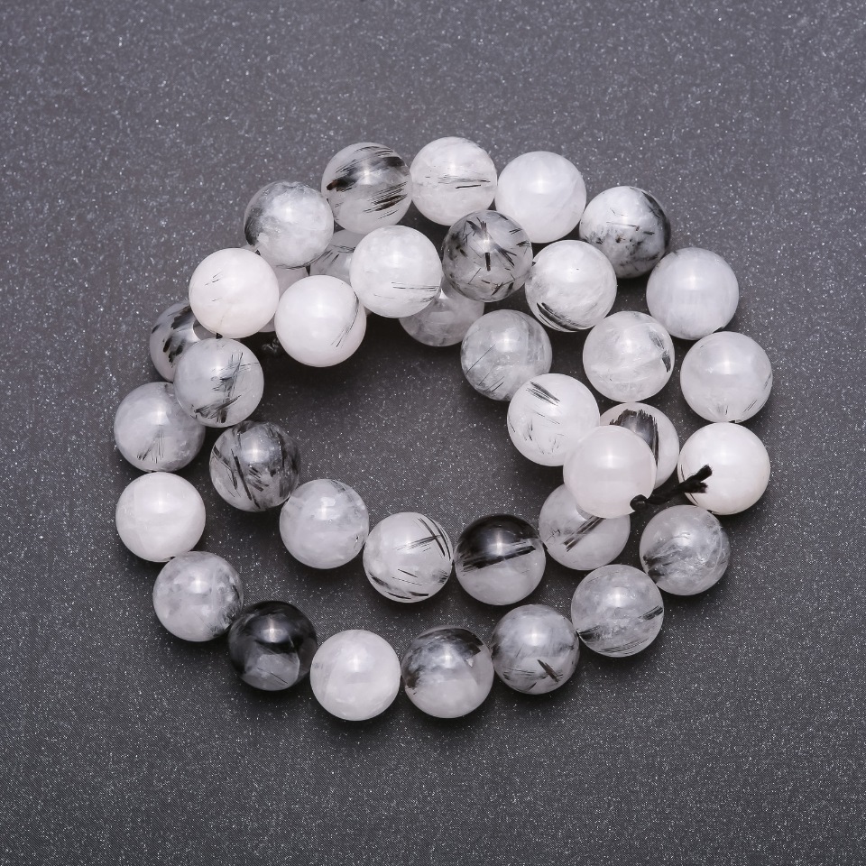 Beads of natural stone Rutile Quartz "Hairy" black on a thread, smooth bead, diameter 10 mm, length 39 cm