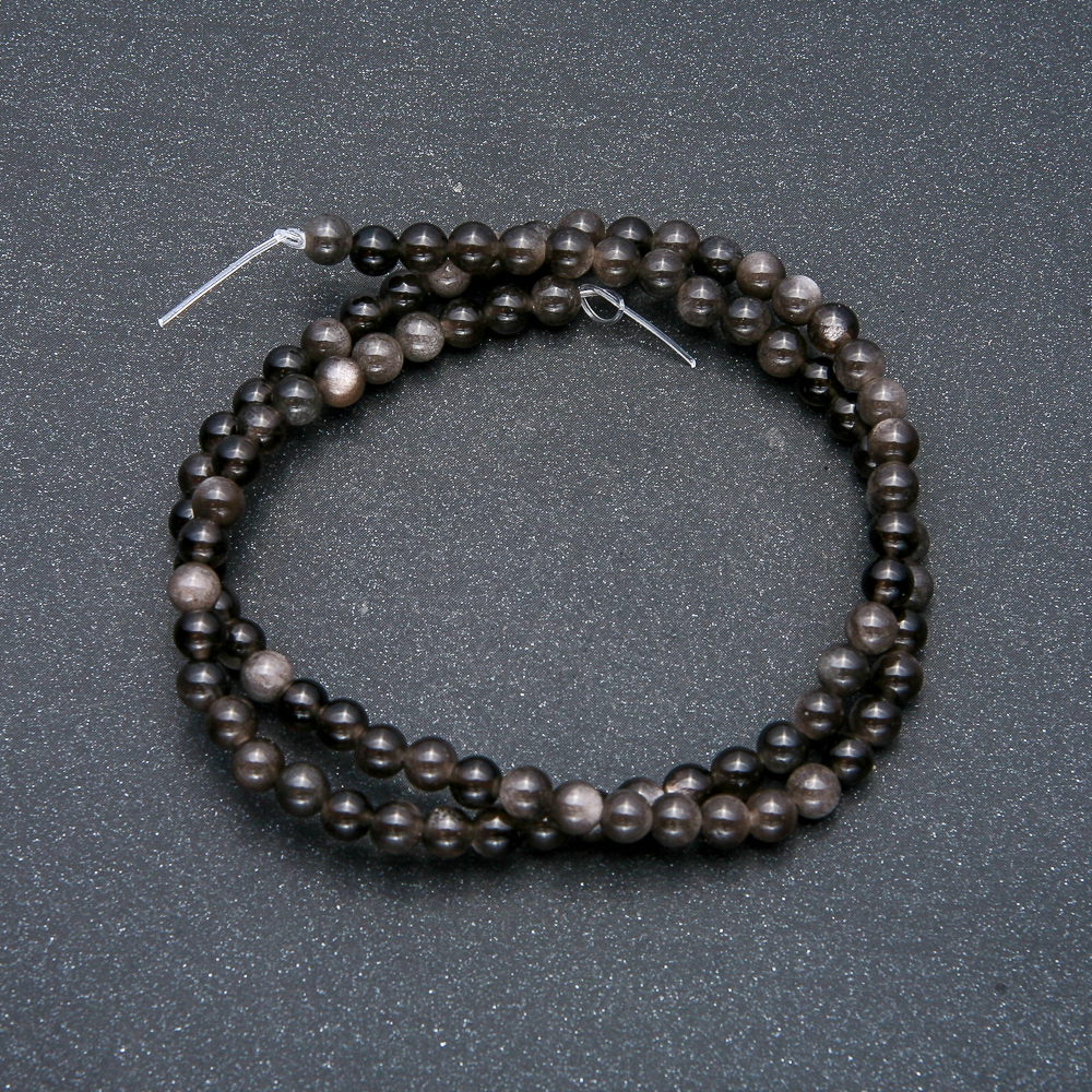 Beads on a Thread - Silvery Obsidian, Smooth Bead, 4 mm Diameter + -, 39 cm Length +