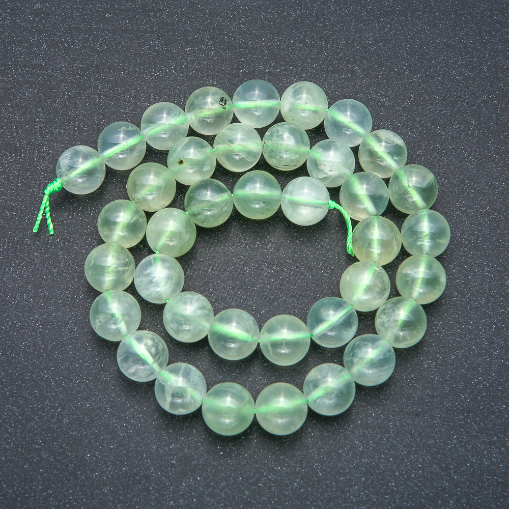 Beads on thread, natural stone Prehnite, smooth spheres, 10 mm diameter +/-, length 39 cm +