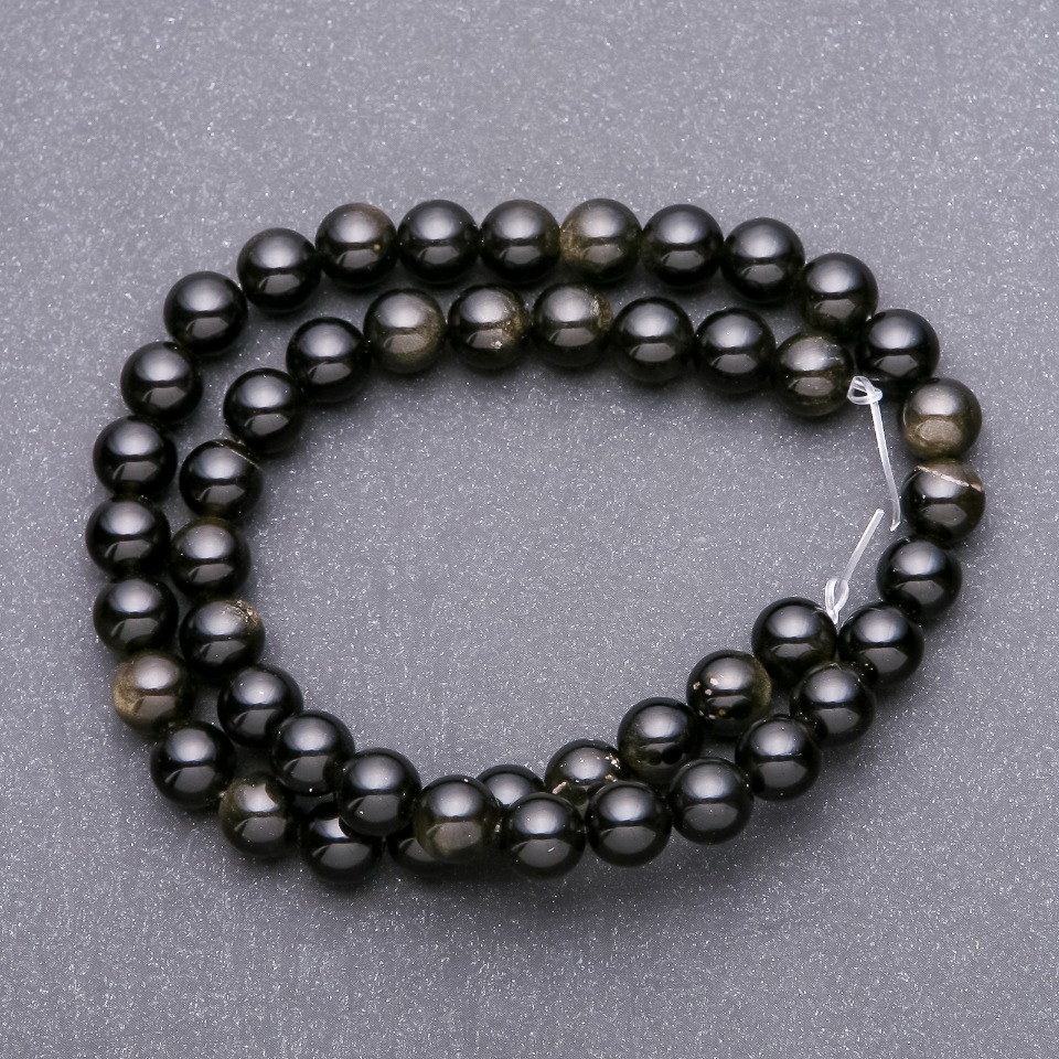 Sun Obsidian Beads on Thread, Smooth Round Bead, Diameter 8 (+/-) mm, Length 38 cm