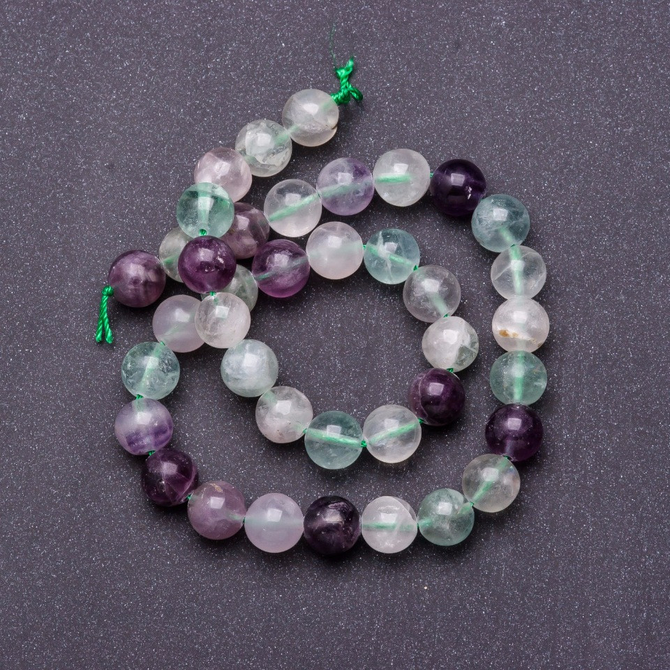 Fluorite natural stone beads on thread, 10 mm diameter, 37 cm length