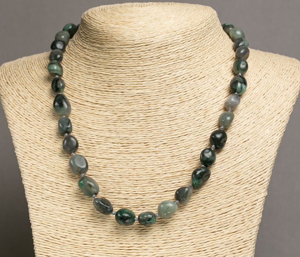 Natural Moss Agate Bead Necklace, polished, diameter 12x10 mm, length 47–50 cm