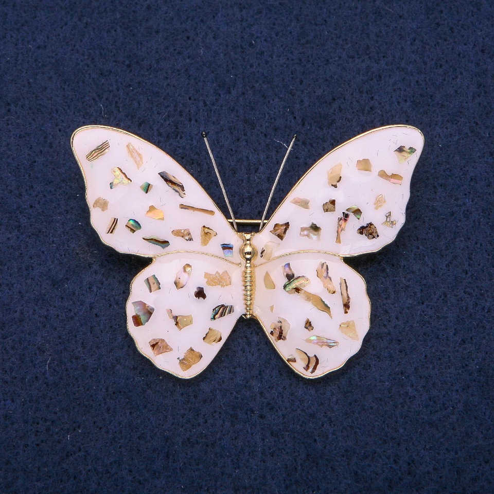 Brooch Butterfly Halite and White Enamel, Gold-tone Metal 40x55mm