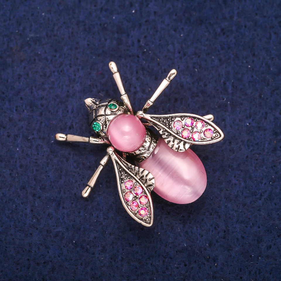 Brooch Butterfly with Pink Cat's Eye and Crystals, 33x34mm, Gold-Toned Metal