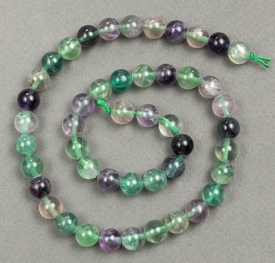 Natural fluorite gemstone beads on thread, 8mm diameter, 39cm length +