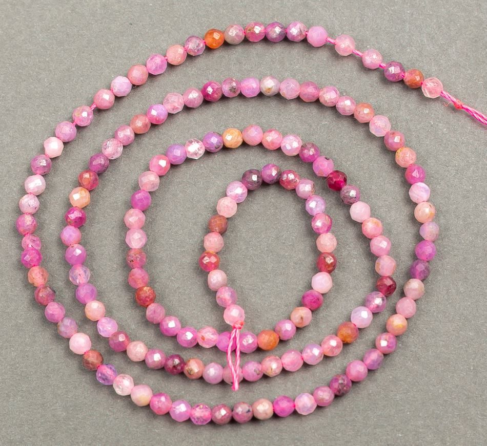 Natural Ruby Gemstone Faceted Beads on Thread, 3 mm Diameter, 40 cm Length