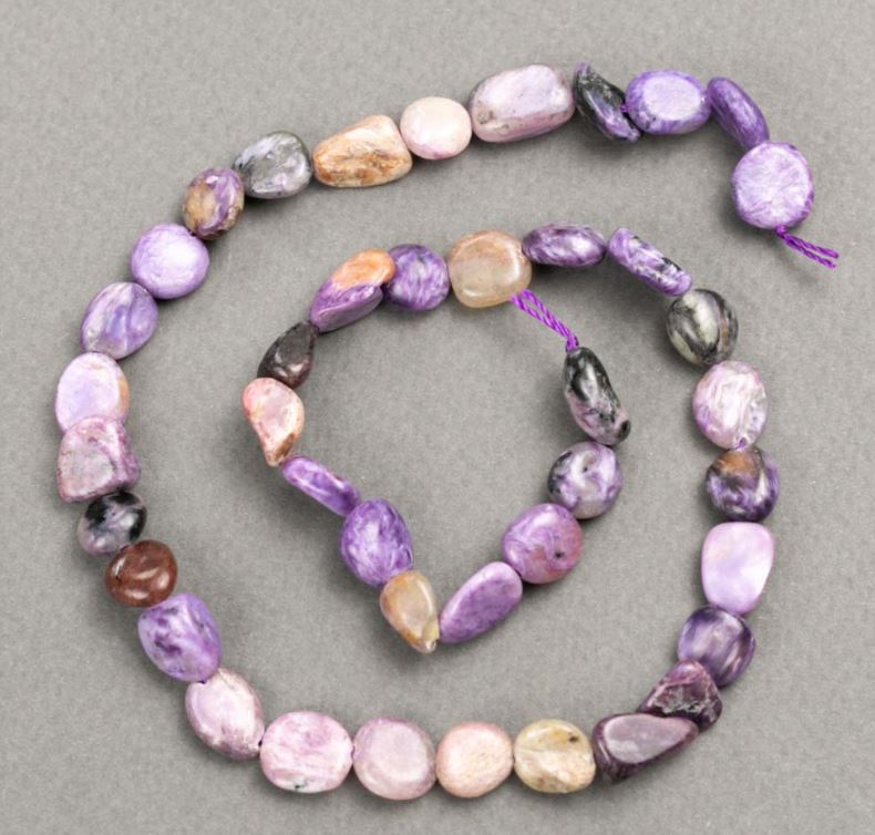 Charoite natural stone beads with polished finish, diameter 8–10×8–11 mm, length 40 cm+
