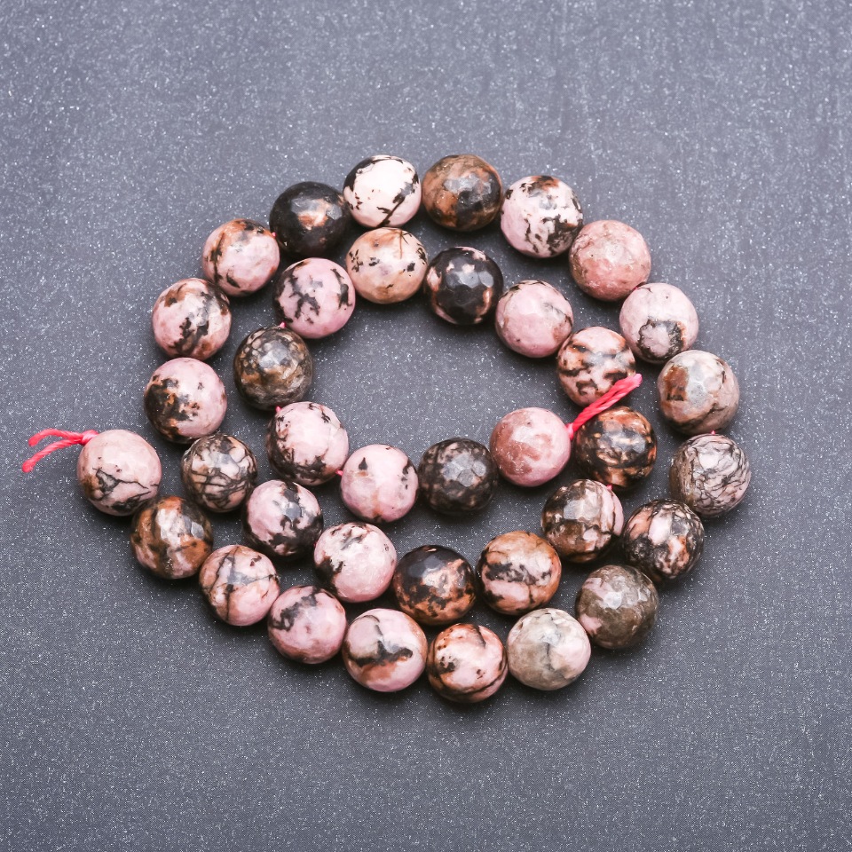 Rhodonite natural stone beads, faceted round bead, 10 mm diameter, 37 cm strand