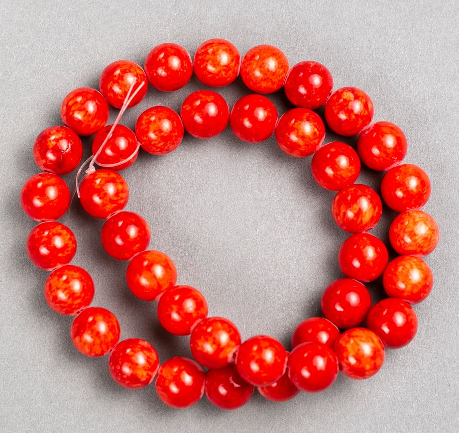 Coral Beads (artificial acrylic) on fishing line, smooth spheres, diameter 10.5 mm, length 40 cm