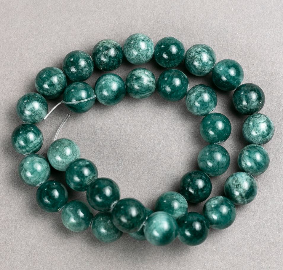 Beads on beading thread: Tinted Quartz (acrylic) in Viridian color, smooth round beads, diameter 12.5 mm, length 40 cm