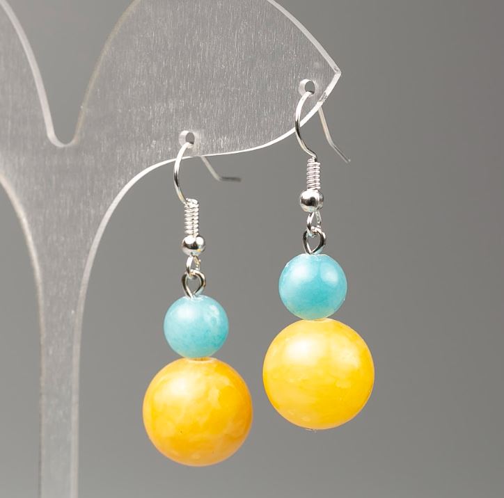 Earrings Aquamarine and Citrine (Acrylic), 14 mm and 8 mm diameters, length about 41 mm