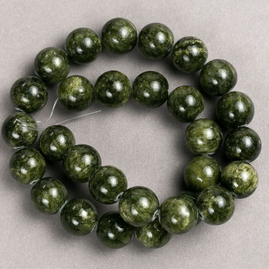 Beads on beading wire - Tinted Quartz (synthetic acrylic) dark green smooth round beads, 14.5 mm diameter, 40 cm length