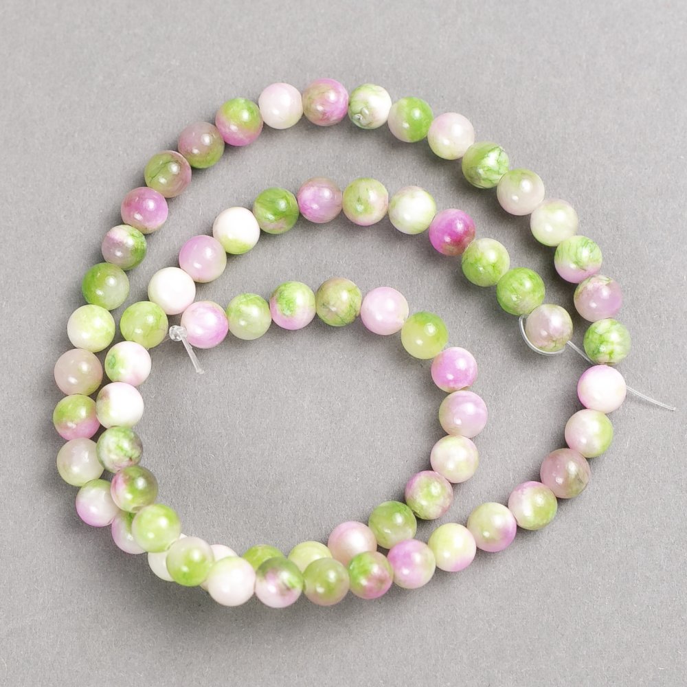 Green-Pink-White 'Tourmaline' Beads (Acrylic) on Monofilament Thread, Smooth Round Beads, 6mm Diameter, 40cm Length ±