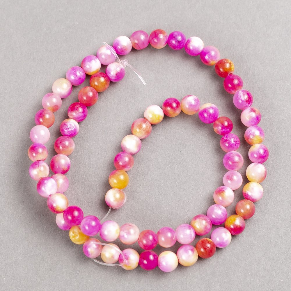 Beads Raspberry-Yellow-White 'Agate' (acrylic) on a fishing line, smooth round beads, 6 mm diameter, 40 cm length ±