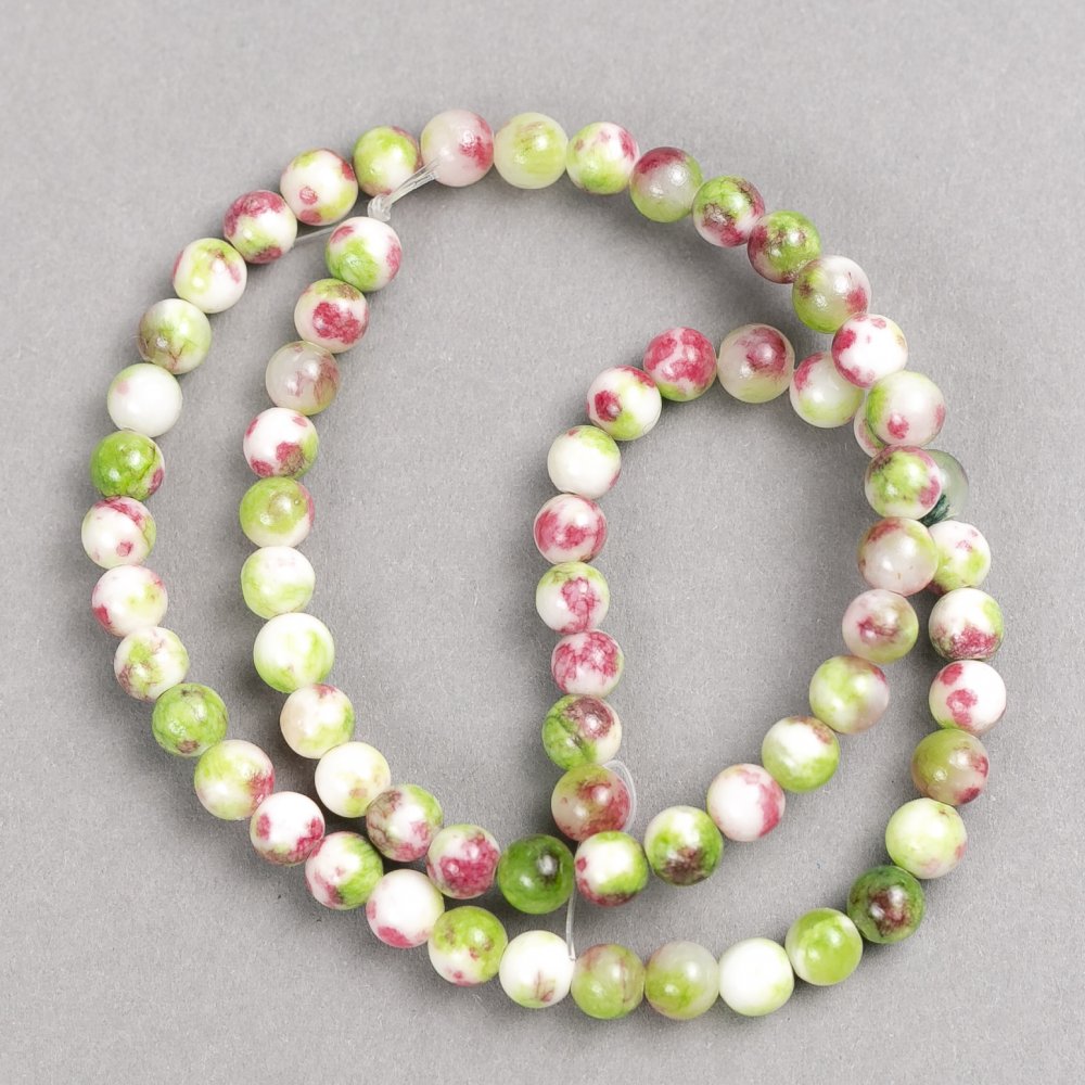 Beads green, dark pink and white 'Tourmaline' (acrylic) on monofilament, smooth round beads, 6mm diameter, approx. 40 cm long