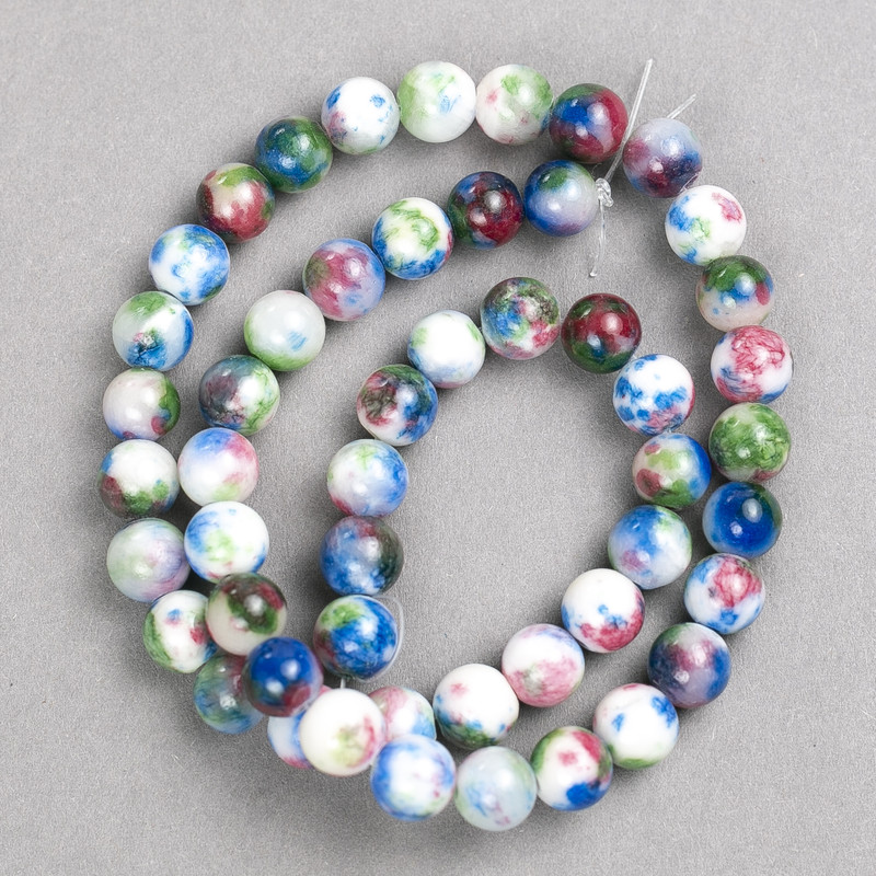 Multicolor Beads in Dark Pink, Blue, White and Green 'Agate' (synthetic acrylic) on beading thread, smooth round beads, 8mm diameter ± L