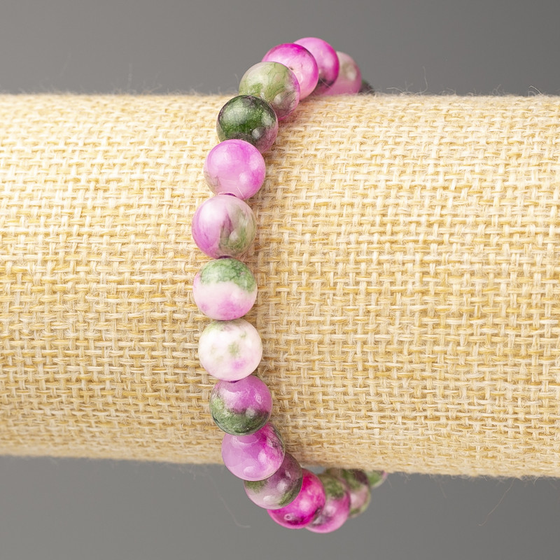 Bracelet 'Ocean Jade' Raspberry-Green-Gray (imitation jade, acrylic), 8 mm diameter beads, 18 cm length, smooth round beads on elastic cord