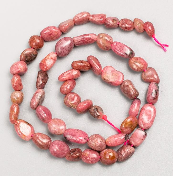Rhodochrosite Beads on Cord, Tumbled, 7x9–6x7 mm, 40 cm length