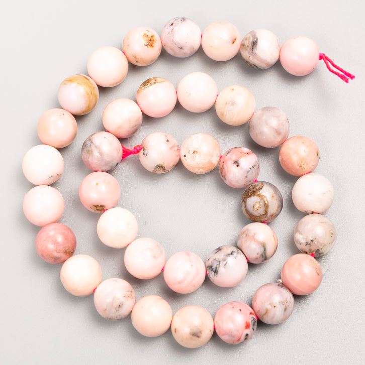 Beads on thread, pink opal, natural stone, smooth round beads, 10 mm diameter, 39 cm length +