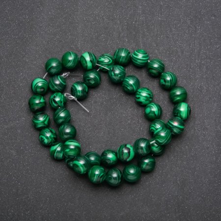 Synthetic malachite beads on thread, smooth round beads, 10mm diameter, 38cm length