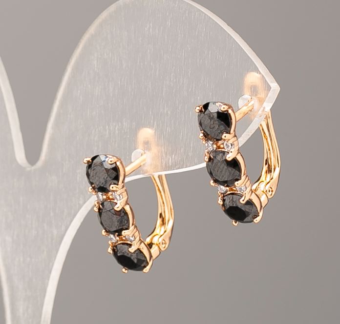 Xuping Earrings with Black Stone and White Crystals, 17x5 mm, 18K Gold Plating