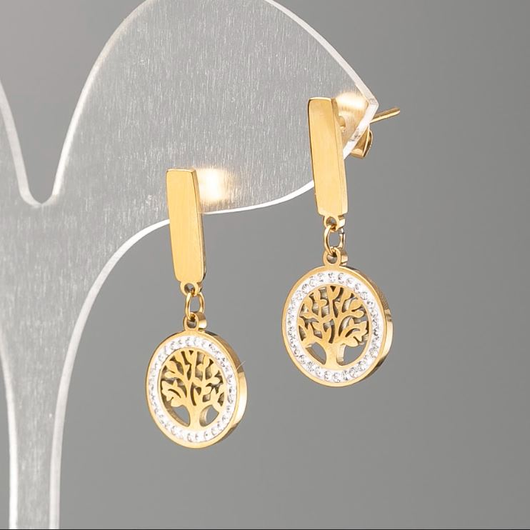 Xuping Gold-Plated Tree-Shaped Stud Earrings with White Rhinestones, 12 mm diameter, 2.8 cm length+