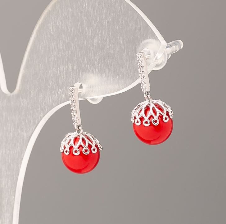 Xuping Earrings with Red Mallorca Pearls, 8 mm Diameter, Rhodium