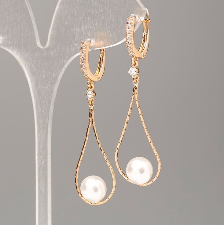Xuping Earrings with Mallorca Pearl Bead, 8 mm Diameter, 5 cm Length, 18K Gold Plating