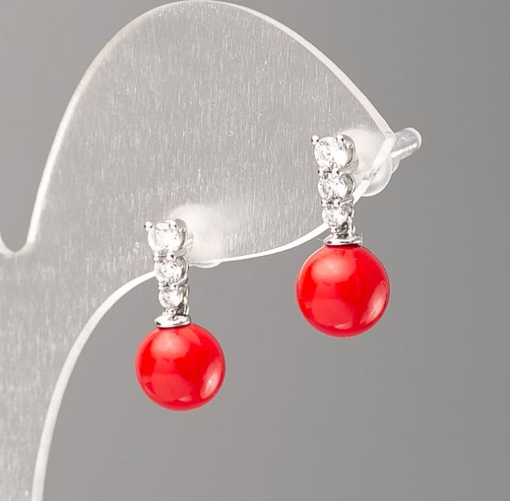 Xuping Earrings with Red 'Majorca' Pearls and White Crystals, 8 mm Diameter 'Rhodium'