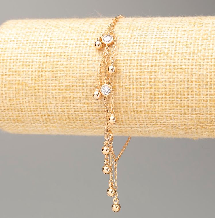 Xuping Bracelet with 18K Gold Plating, Length 18–20 cm, Thickness 1.5 mm ±, with Beads, 4 mm Diameter, with White Rhinestones