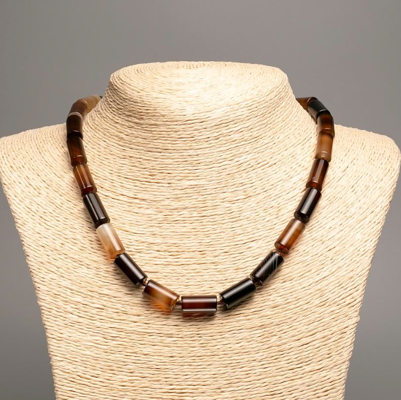 Agate Stone Necklace with Cylindrical Beads, diameter about 16×8 mm, length about 46 cm