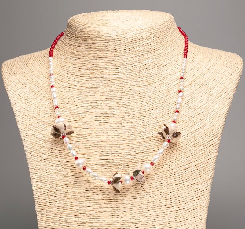 Necklace made of natural river pearls, Czech crystal, and polymer clay, length 49 cm
