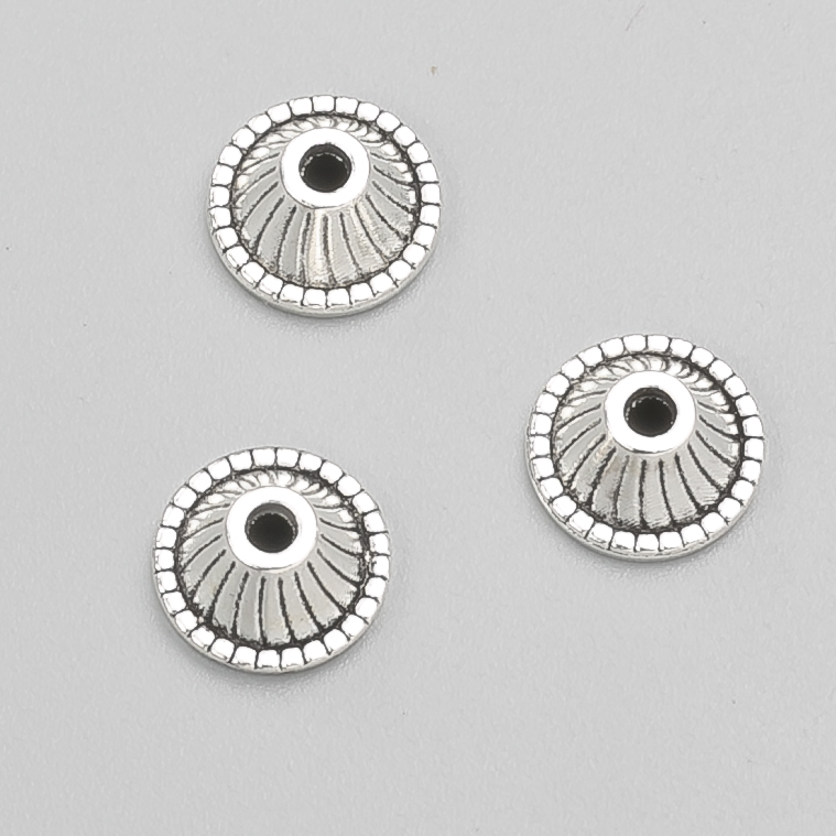 End cap fittings, silver metal color, diameter 10x5 mm (±), packaging -20 g, 30 (±) pcs