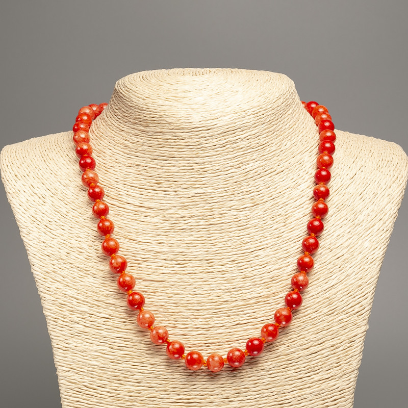 Necklace 'Red Coral' with smooth beads, 8 mm diameter, approx. 50 cm long, made of white nephrite (synthetic dyed)