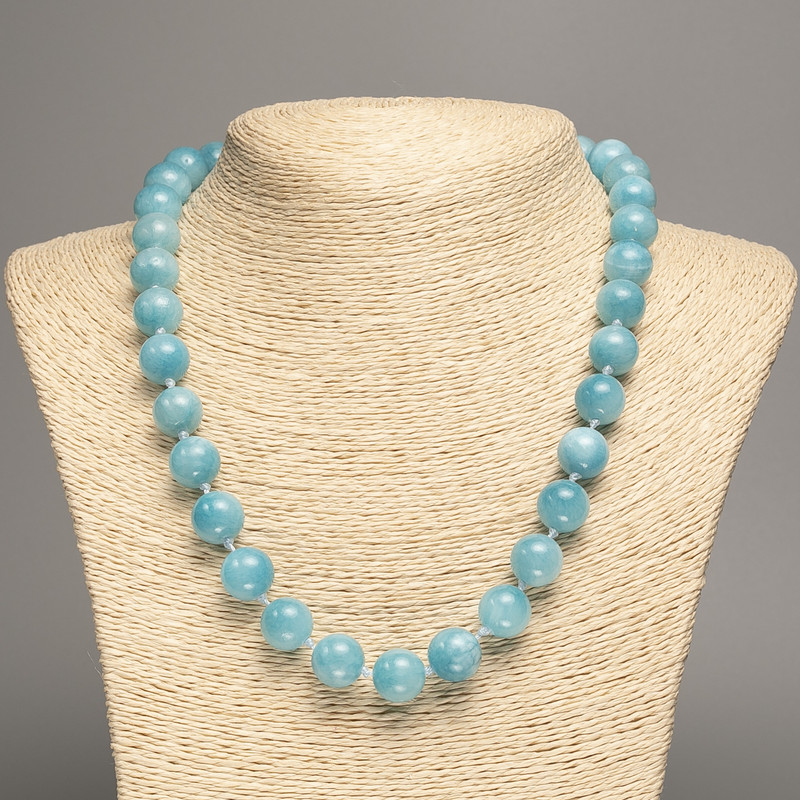 Blue Aquamarine Necklace with Smooth Beads, 12 mm Diameter, 50 cm Length, White Nephrite (Synthetic Dyed)