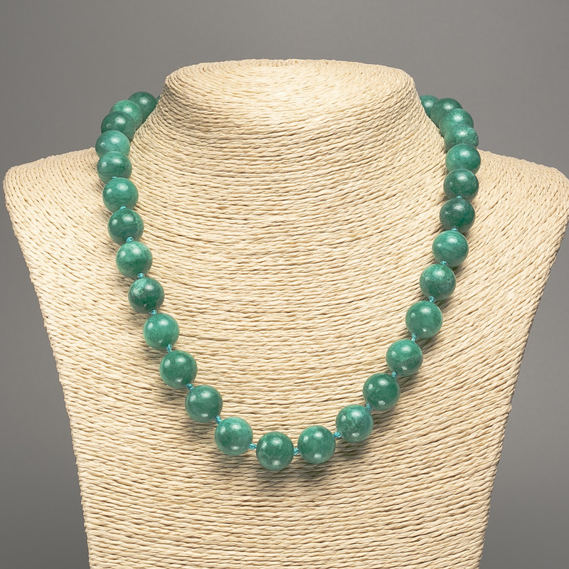 Green 'Aquamarine' Necklace with Smooth Beads, 12 mm Diameter, About 50 cm Long, Made of White Nephrite (Synthetic Dyed)