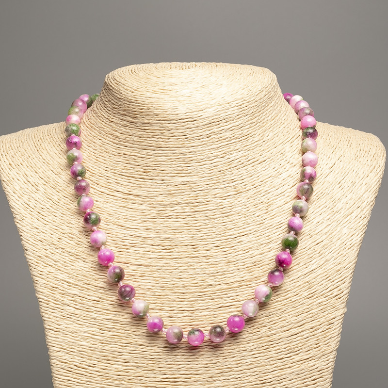 Necklace 'Colors of Summer' white-green-raspberry smooth beads, 8mm diameter, approx. 50 cm long, made of white nephrite (synthetic dyed)