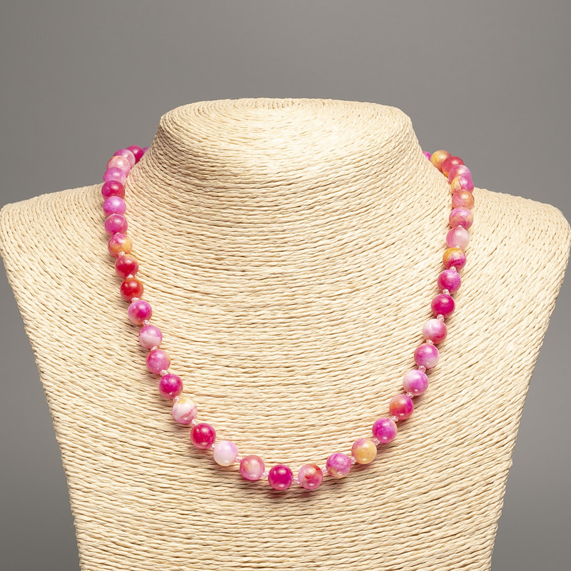 Necklace 'Colors of Summer' with white, pink, and copper smooth beads, 8 mm diameter, 50 cm long, made of white nephrite (synthetic-dyed)