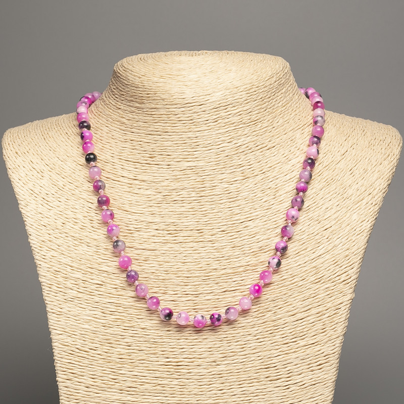 Necklace 'Colors of Summer' white, gray, and magenta smooth beads, 6 mm diameter, approx. 50 cm long, made of white nephrite (synthetically dyed)
