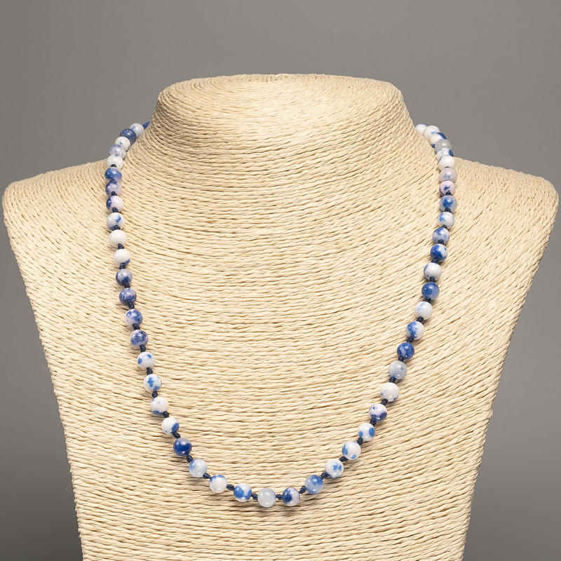 Necklace 'Colors of Summer' white and blue smooth beads, 6 mm diameter, about 50 cm long, made of white nephrite (synthetic dyed)