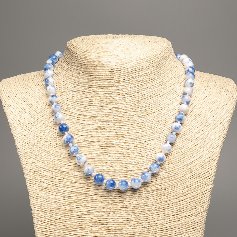 Necklace 'Colors of Summer' white and blue smooth beads, 8 mm diameter, length about 50 cm, made of white jade (synthetic dyed)