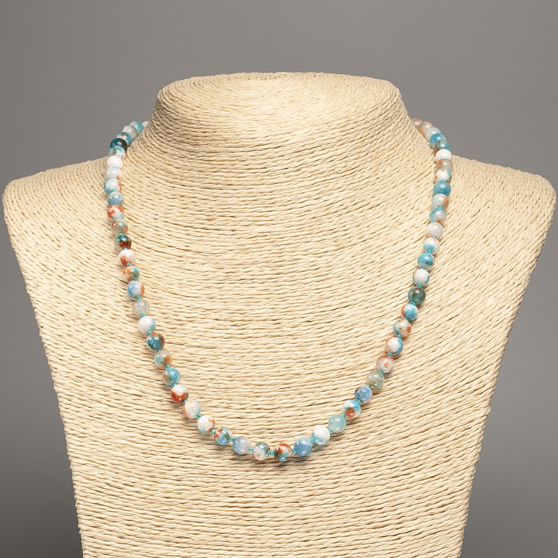 Necklace 'Colors of Summer' White, Ruddy, and Blue Smooth Beads, 6 mm Diameter, about 50 cm long, made of white jade (synthetically dyed)