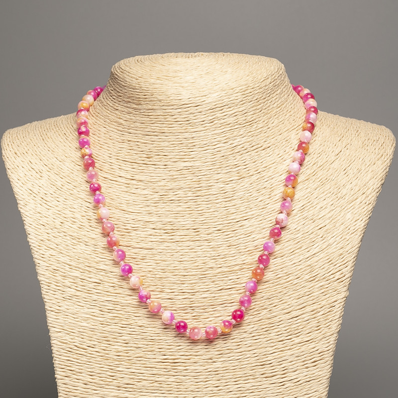 Necklace 'Colors of Summer' with white, yellow, and magenta smooth beads, 6 mm diameter, about 50 cm long, made from synthetic-dyed white nephrite