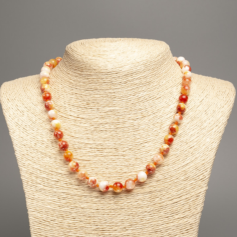 Necklace 'Colors of Summer' with smooth white and copper-toned beads, 8mm diameter, about 50 cm long, made of synthetic dyed white jade