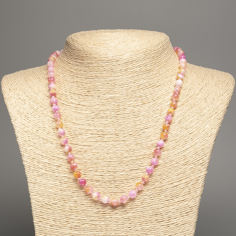Necklace 'Colors of Summer' - white, yellow, and pink smooth beads, 6 mm in diameter, 50 cm long, made of synthetic dyed white nephrite